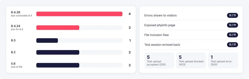 PHP versions and exploit preconditions found across the 11 probed websites 