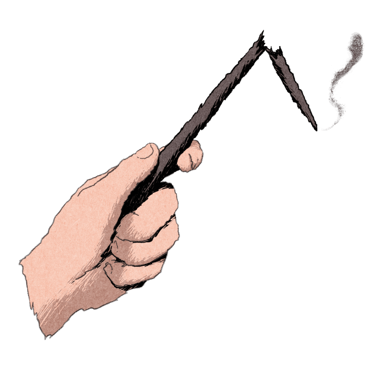 A hand gripping a broken magic wand with a bent tip emitting a wisp of smoke.
