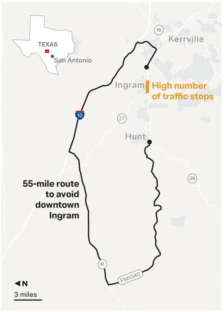 A map shows the region to the northwest of Kerrville, Texas. A thick line indicates a driving route that loops north and west of Ingram along Interstate 10, State Highway 41 and FM1340.