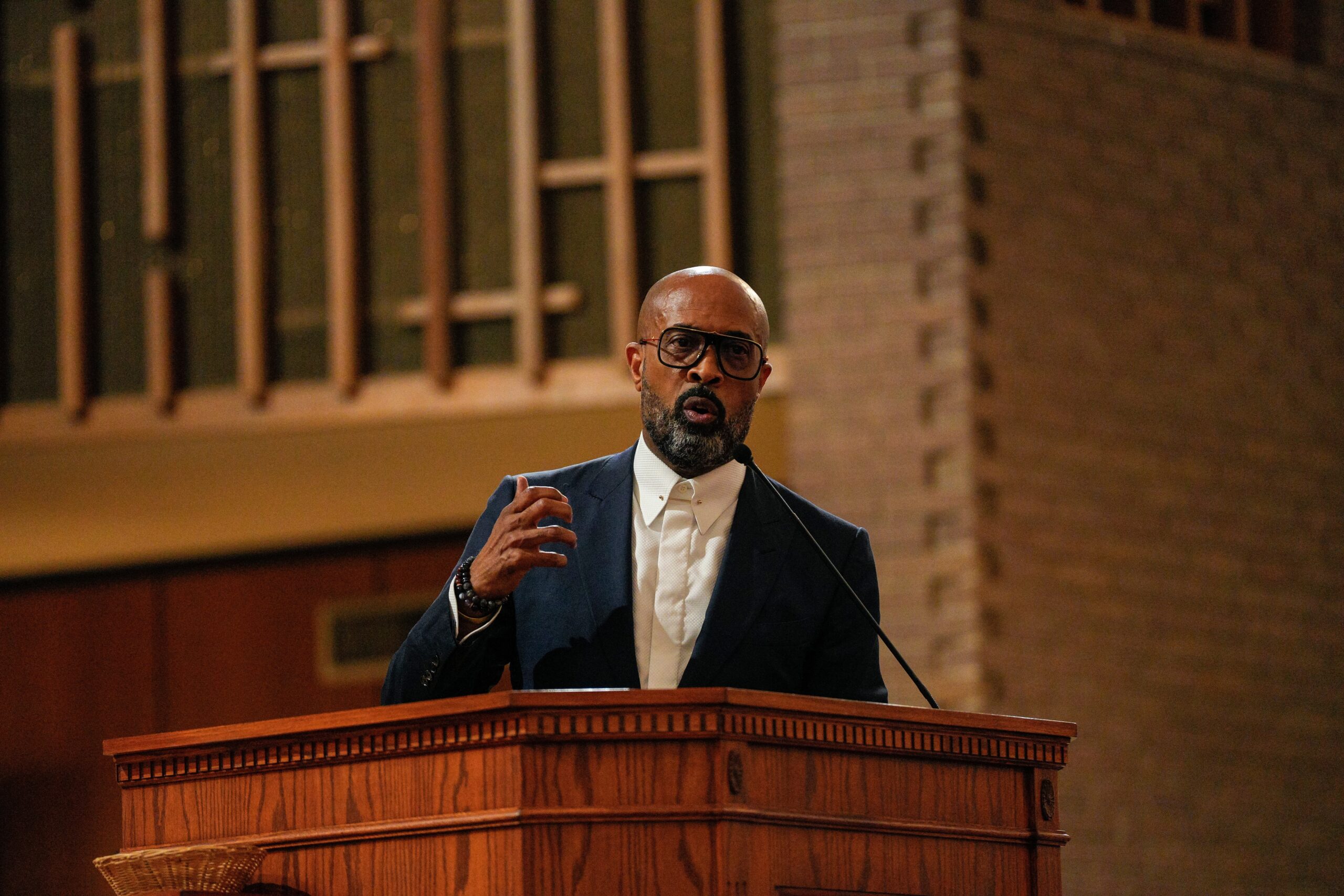 Rev. Frederick D. Haynes III speaks to the crowd during the We the People TX interfaith service, "A Night of Moral Resistance," in Dallas, Wednesday, Sept. 9, 2026. (AP Photo/Gabriela Passos)