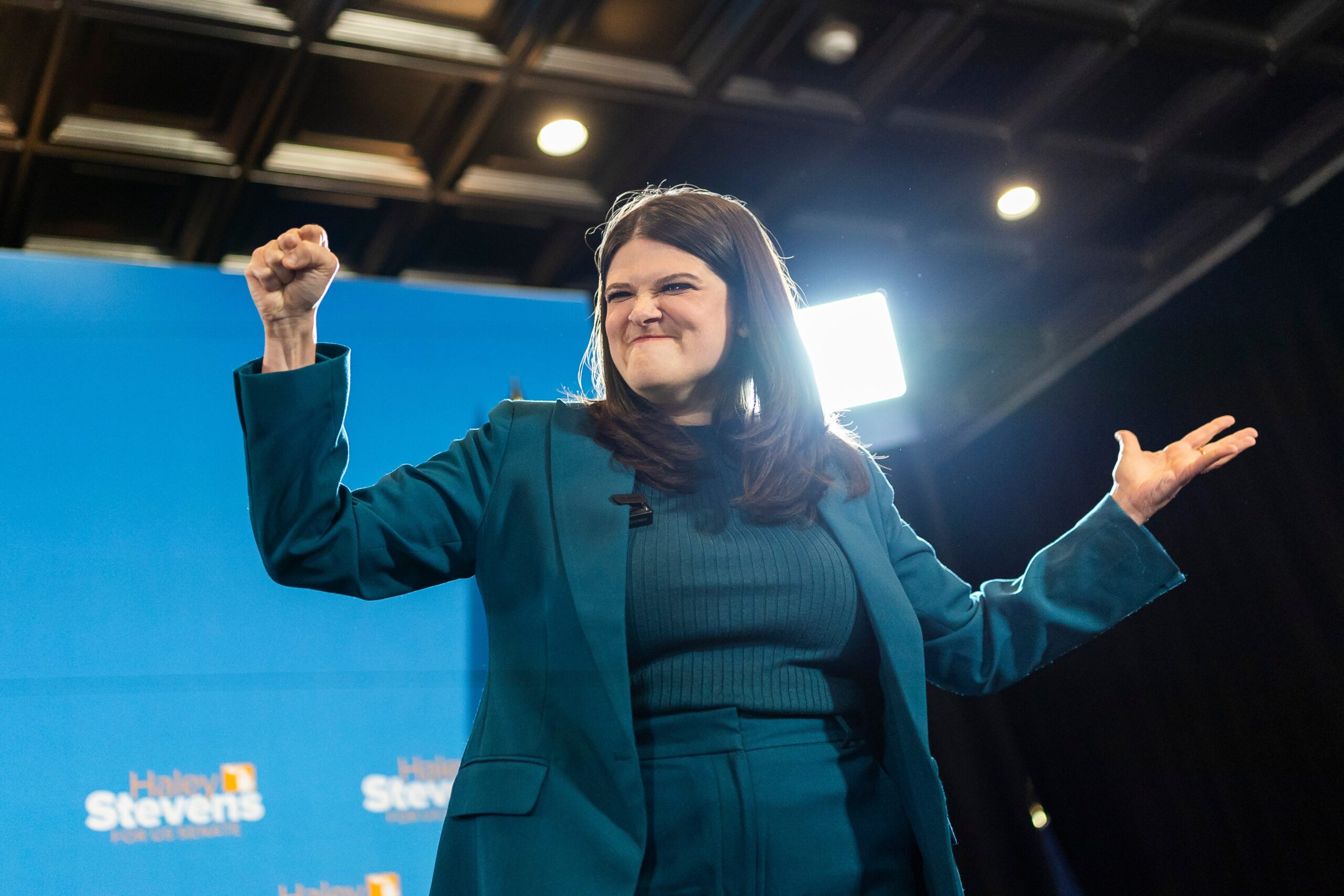 DETROIT, MICHIGAN - AUGUST 04: U.S. Rep. Haley Stevens (D-MI), candidate for the state's open U.S. Senate seat, speaks during a primary night watch party at the Hotel Saint Regis Detroit on August 04, 2026 in Detroit, Michigan. Stevens is facing Abdul El-Sayed in the Democratic primary to determine who will run against former Republican U.S. Rep. Mike Rogers in the general election. (Photo by Finn Gomez/Getty Images)