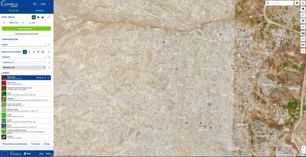 The city of Hebron, Palestine, seen in Copernicus Browser on October 26, 2026. While imagery is available for the eastern half of the city, there is no recent imagery of the western half.