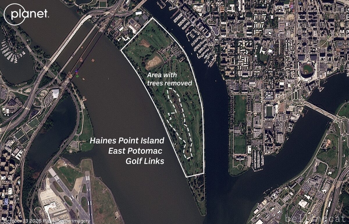 A satellite image from Planet Labs PBC shows the East Potomac Golf Links on October 13. Larger version visible here