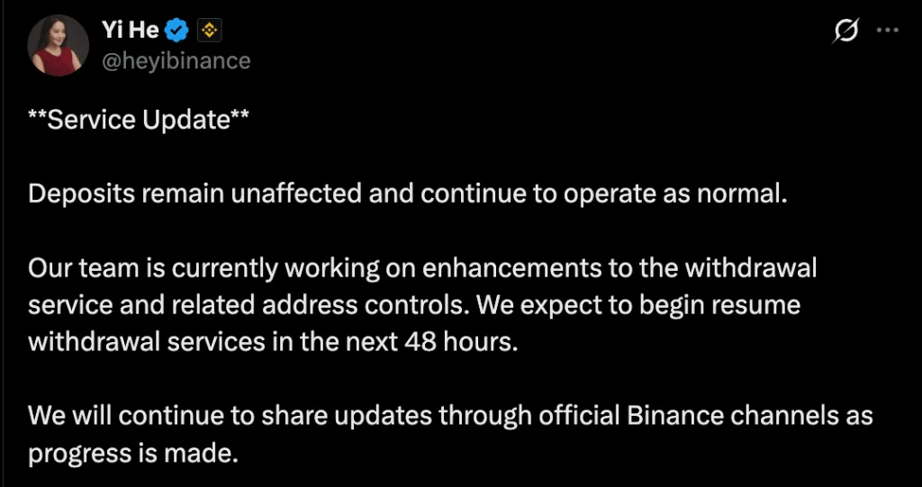 Service update regarding withdrawal status