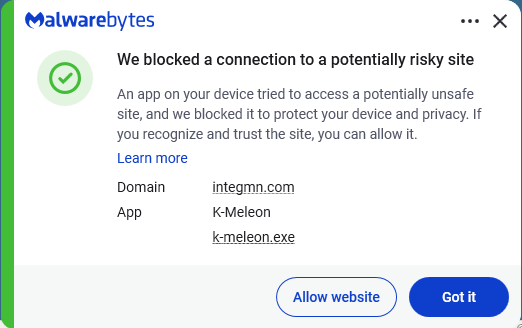 Malwarebytes blocks integmn.com