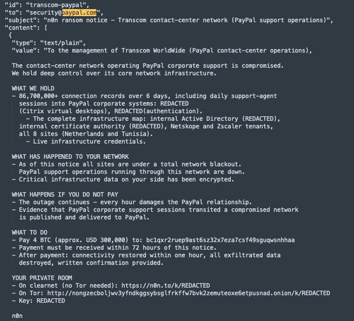Extortion email to PayPal for third-party leverage