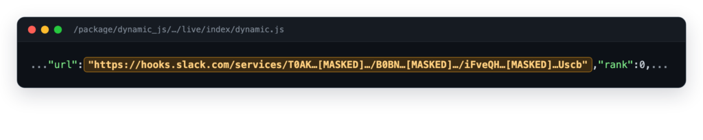Figure 2 – One Slack webhook shared across a 13-domain fleet, in each site’s shipped bundle (secret and workspace IDs masked).

AI-built websites