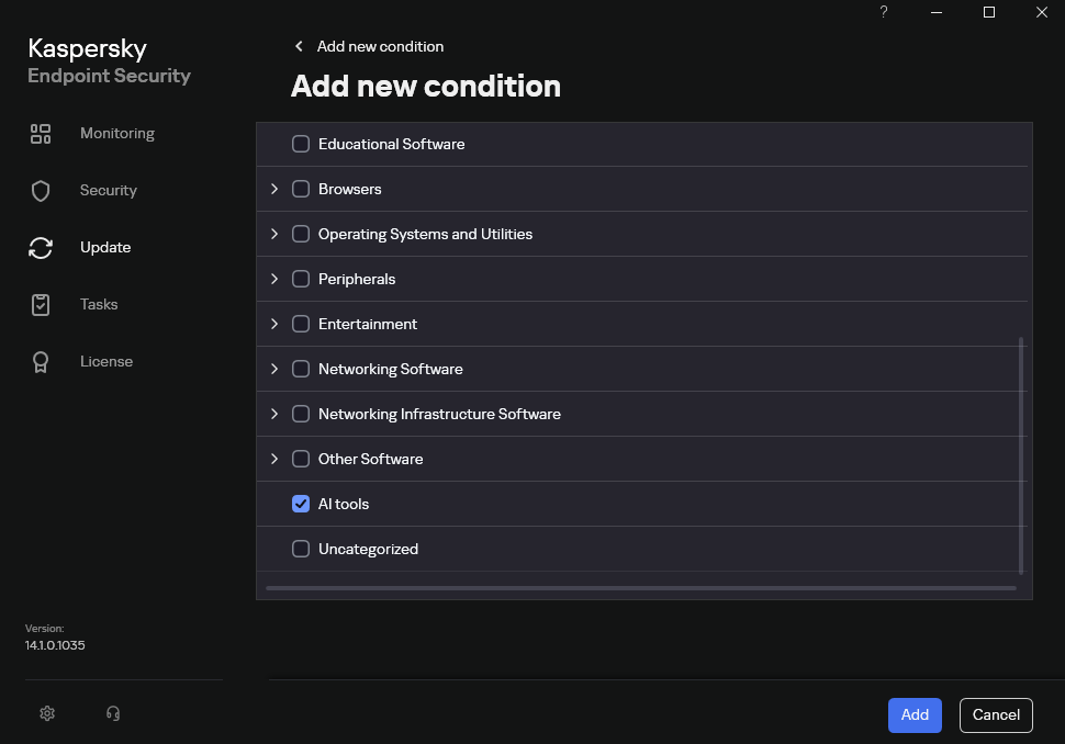 Configuring Application Control for the AI Tools category in KES