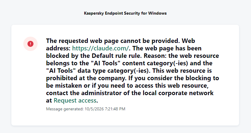 KES notification about an attempt to access a prohibited web resource