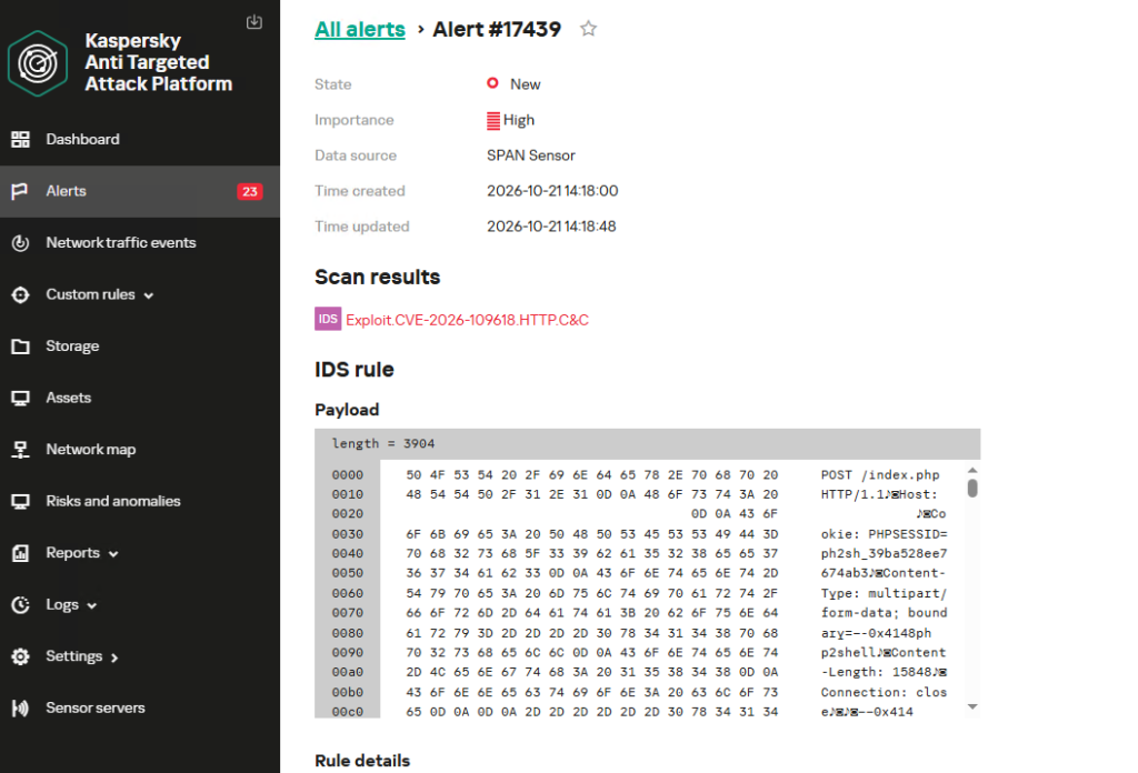 Detection of the PHP2Shell vulnerability exploit by KATA